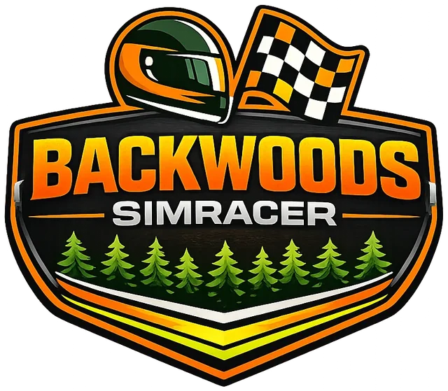Backwoods Simracer logo: a racing helmet and checkered flag above a row of pine trees