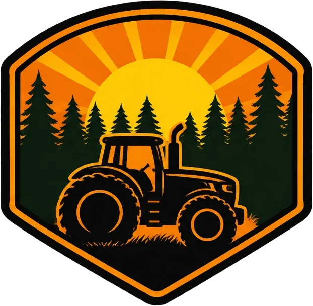 Blackacre logo: a tractor in front of pine trees at sunrise